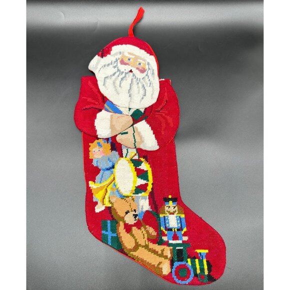Vintage Christmas Needlepoint Stocking Santa Claus Toys Red Hanging Loop Figural - Picture 2 of 8